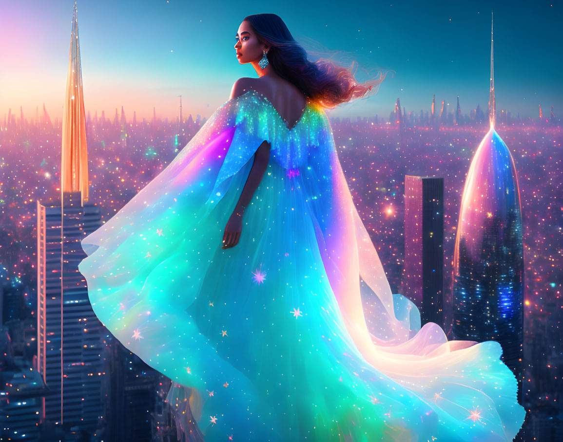Woman in luminous starry dress gazes over futuristic city skyline at twilight