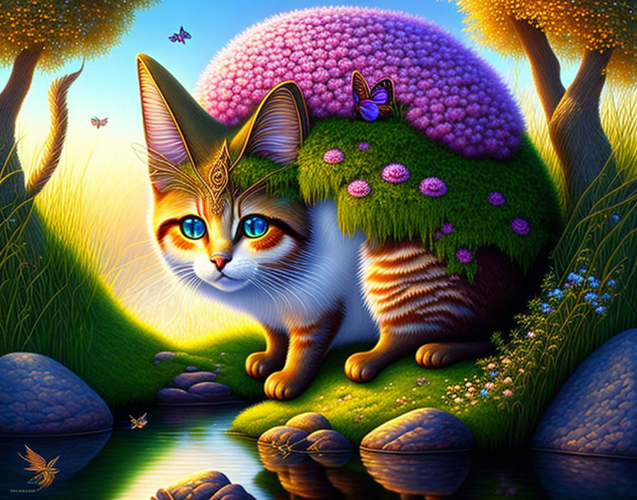 Colorful digital artwork of oversized cat in whimsical landscape