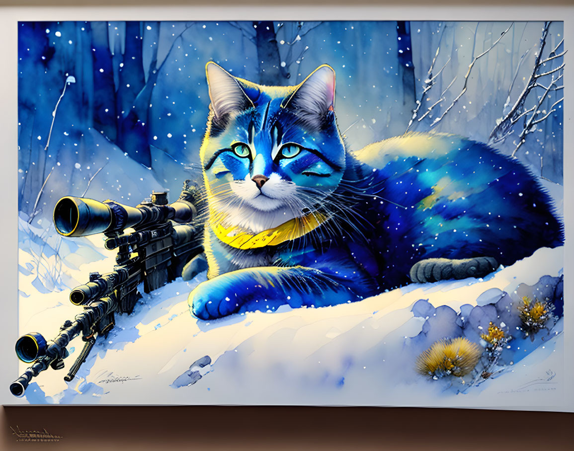 blue-yellow cat sniper lies on the snow