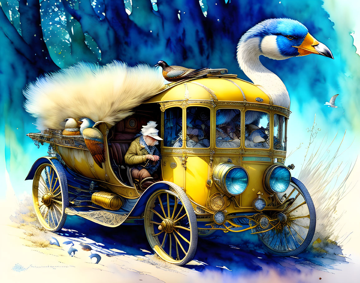 Old man driving a blue-yellow goose animal, b