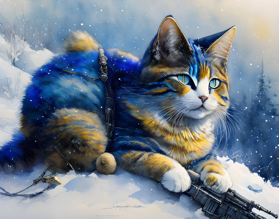 blue-yellow cat sniper lies on the snow