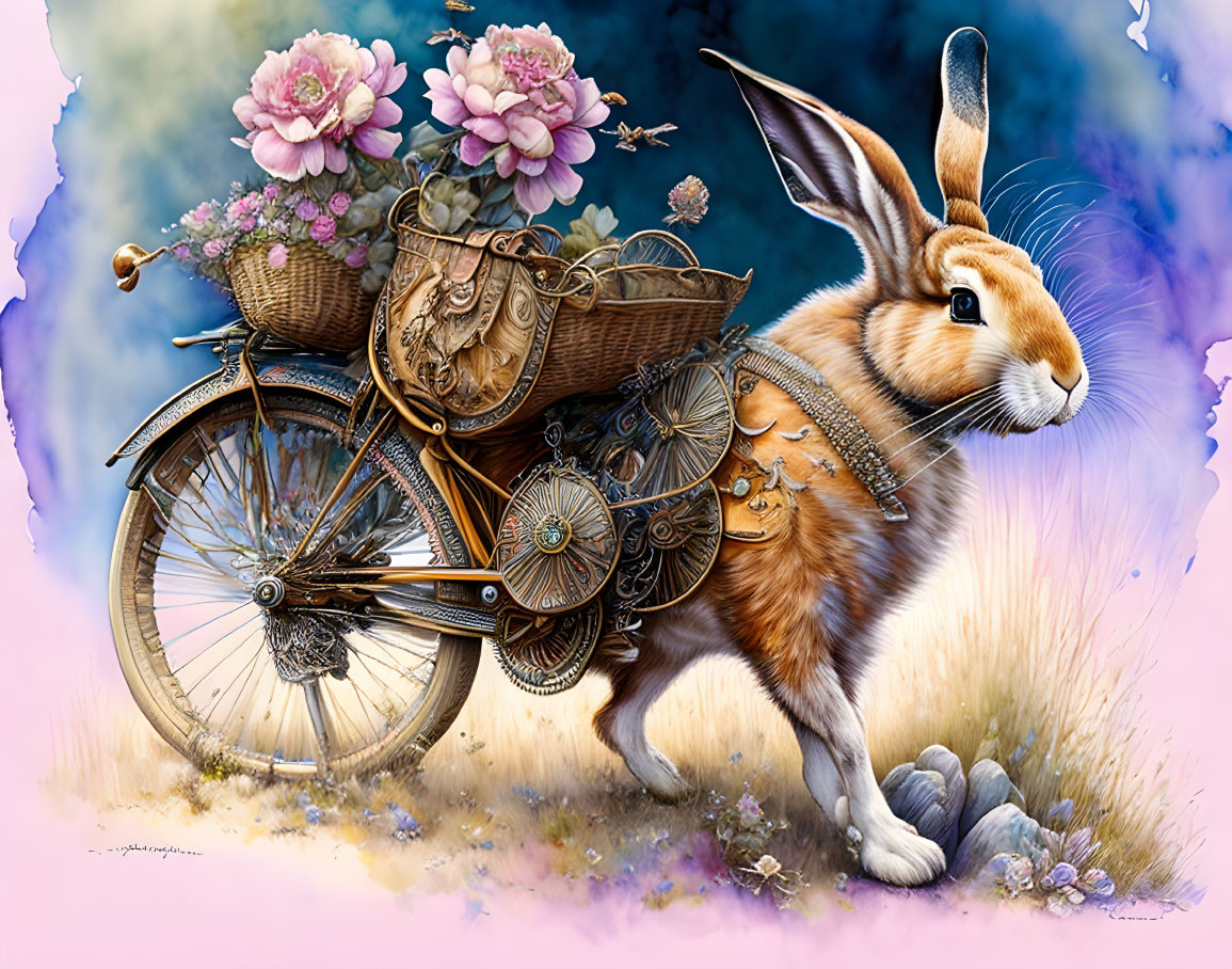 two hares driving а bike with handle, by Jean-Bapt