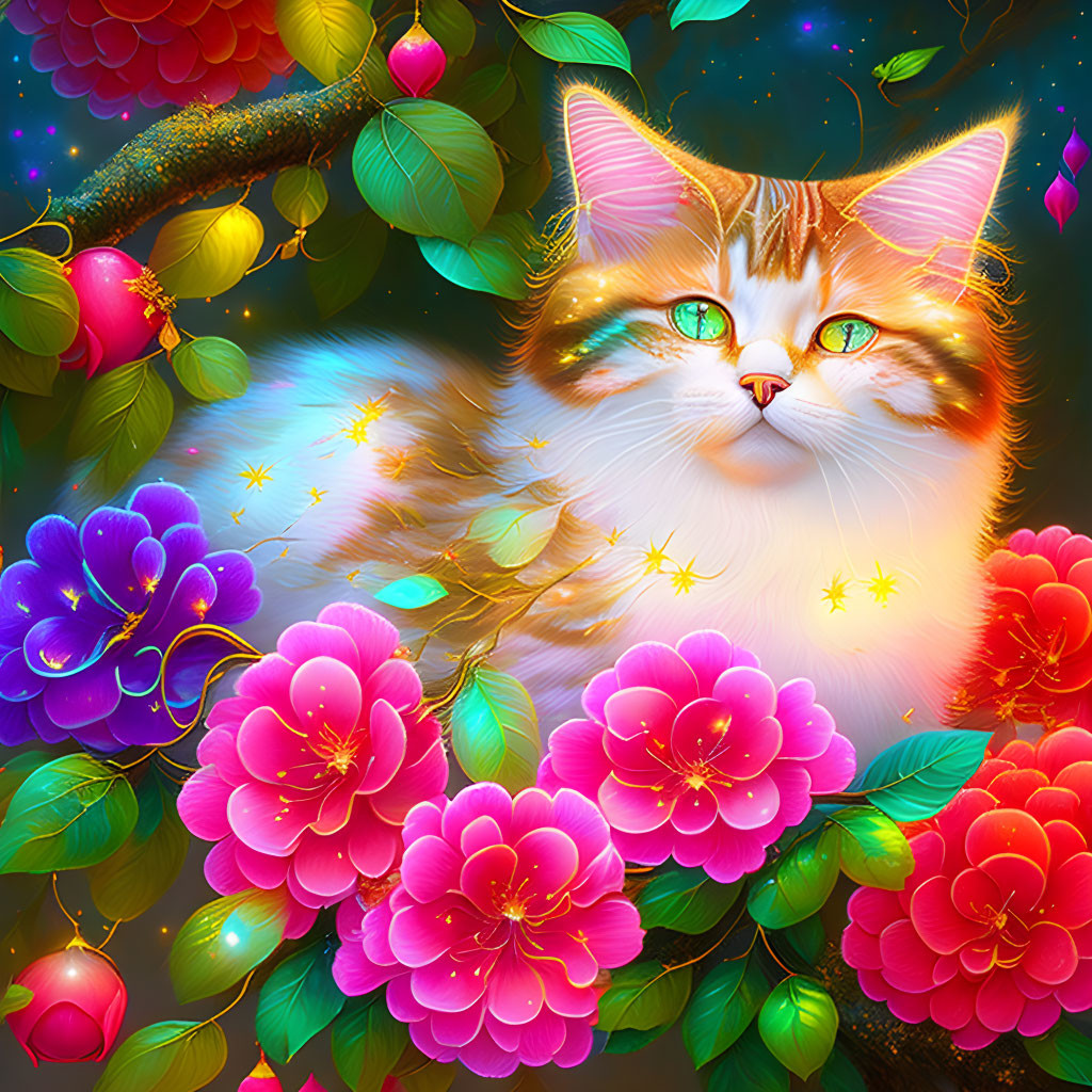White Cat with Green Eyes Surrounded by Pink Flowers and Fireflies