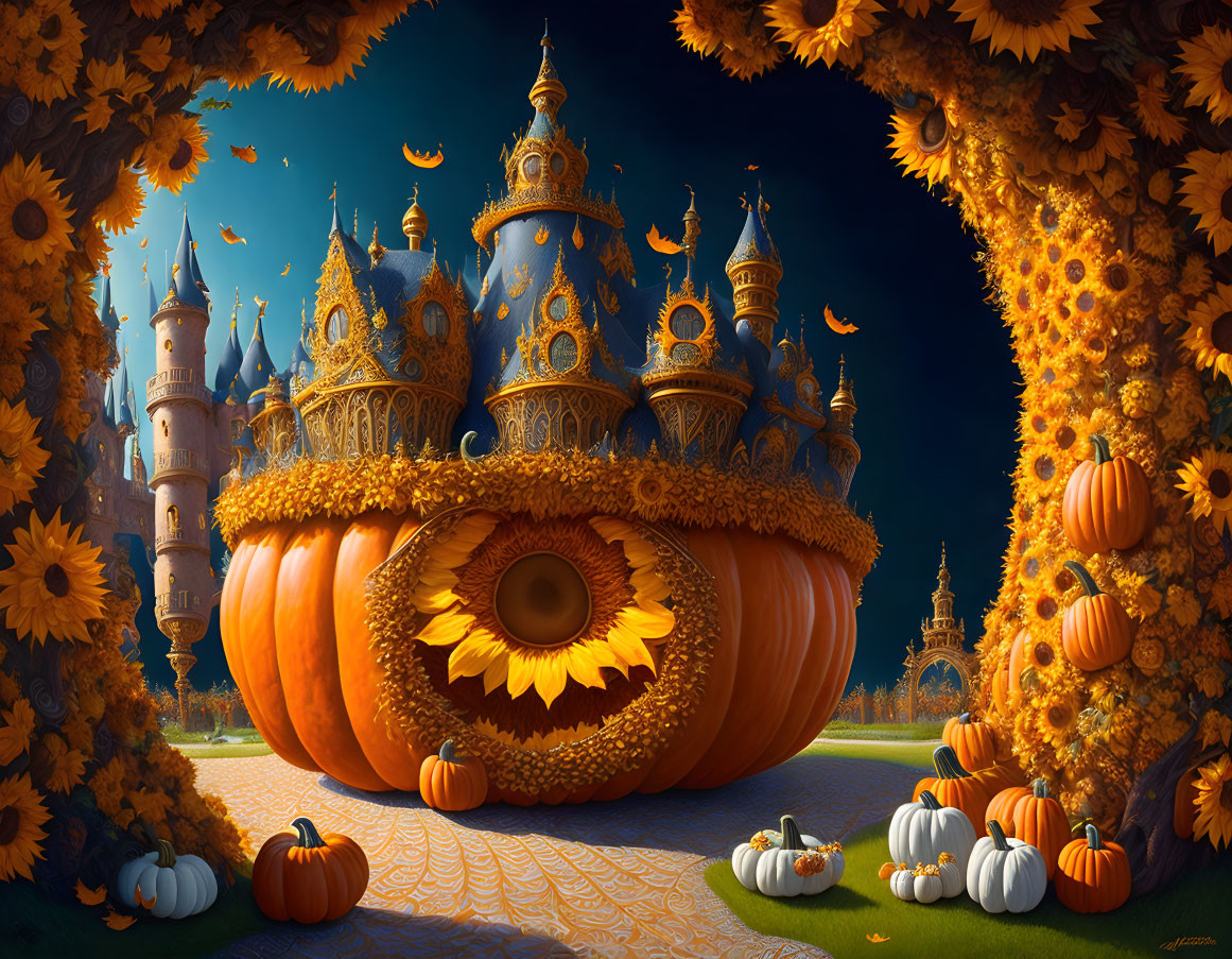 Fantasy pumpkin carriage in autumn landscape with sunflowers and castle
