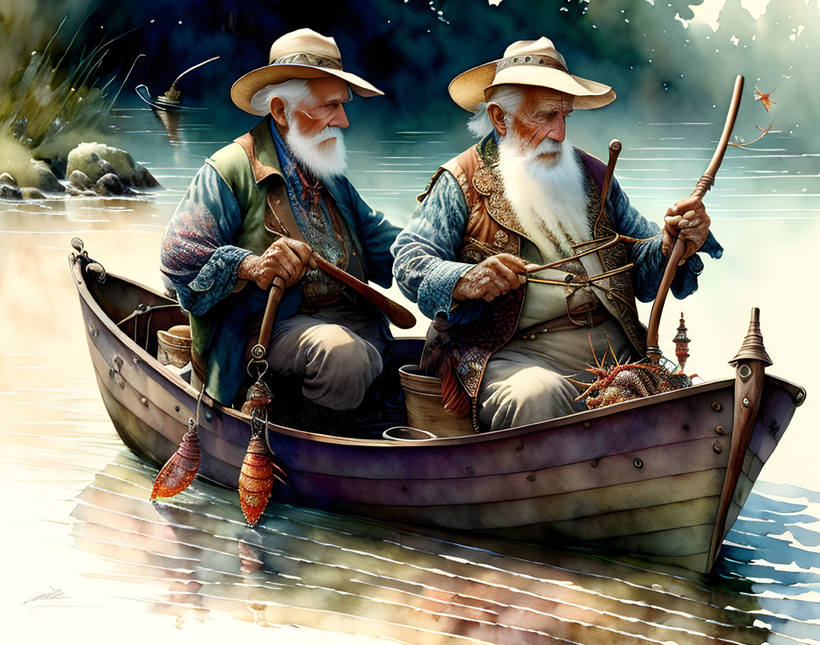 Old man and old woman driving crayfish with handle