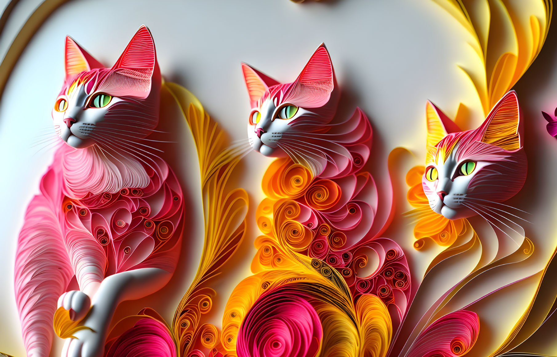Stylized paper art cats with pink and orange patterns on white background