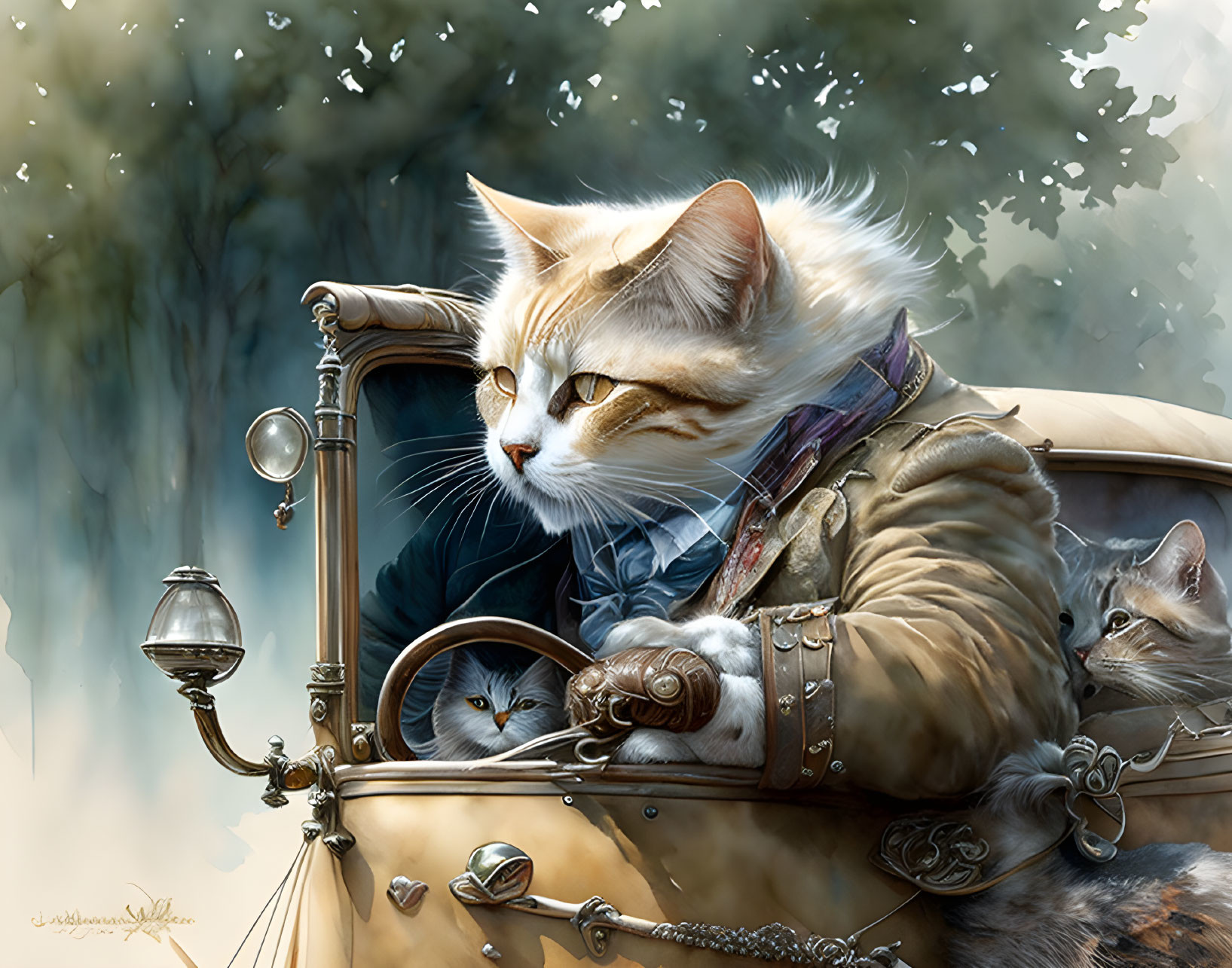 Anthropomorphic cat in elegant attire driving vintage car with two passengers.