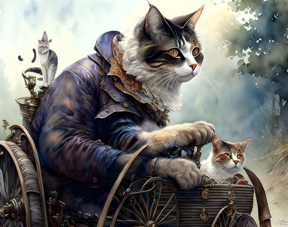 Old man driving cat with handle