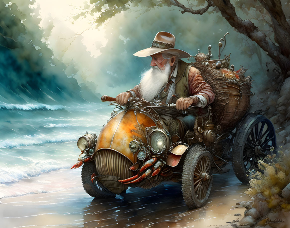 Old man driving crab with handle,