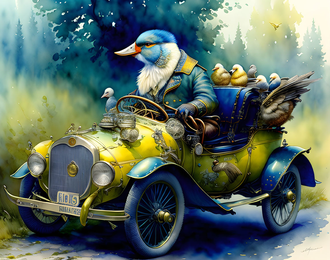 Old man driving a blue-yellow goose animal, by Jea
