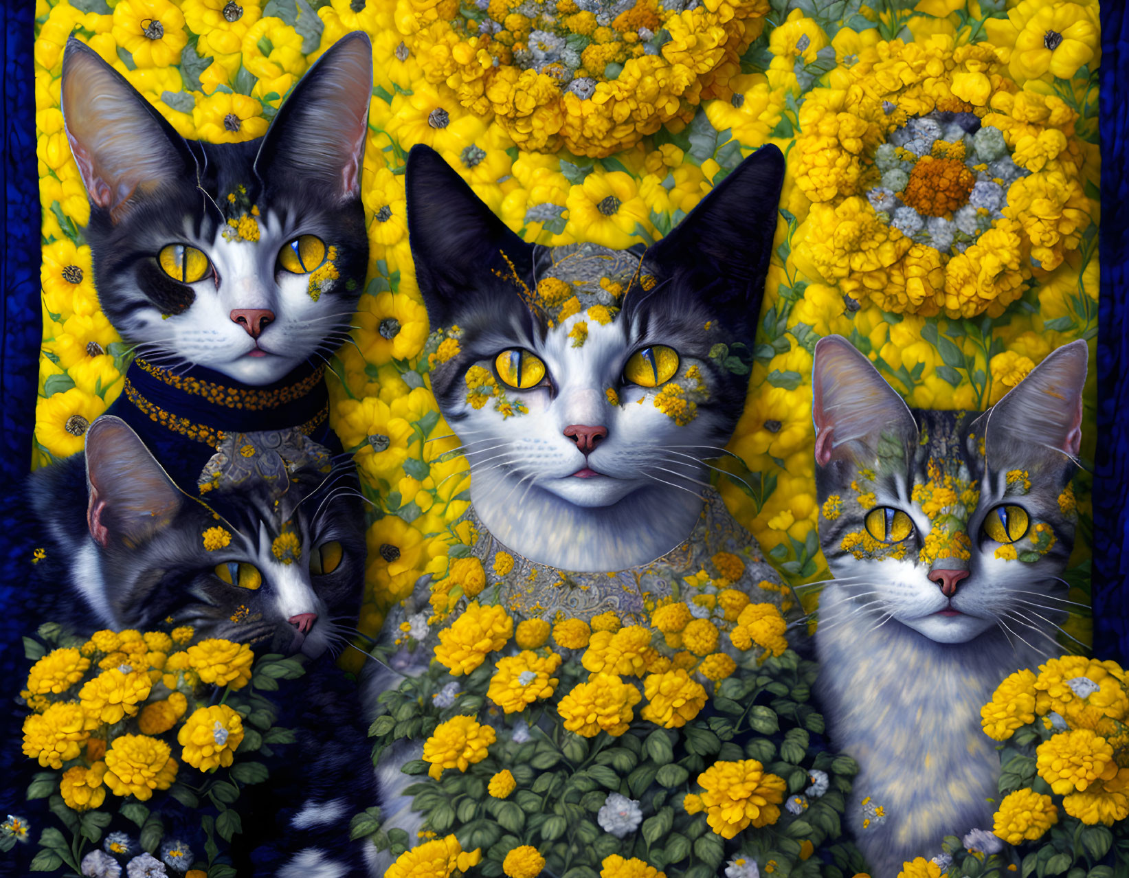 Four Cats with Striking Eyes in Vibrant Yellow Flowers