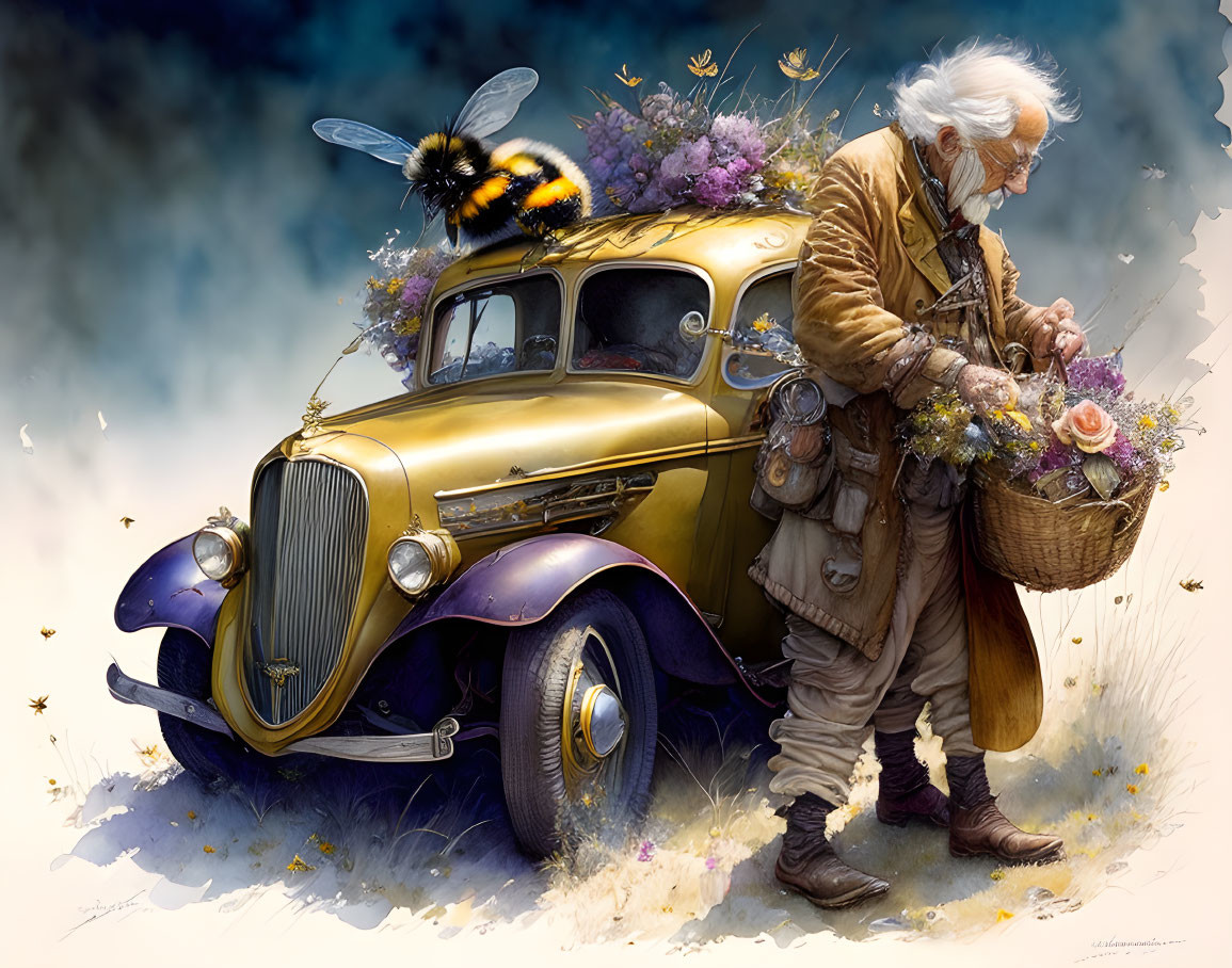 Old man and old woman driving bumbleb with handle,