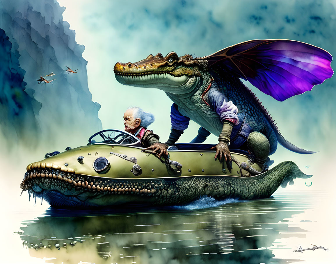 Old man driving crocodile in with handle,