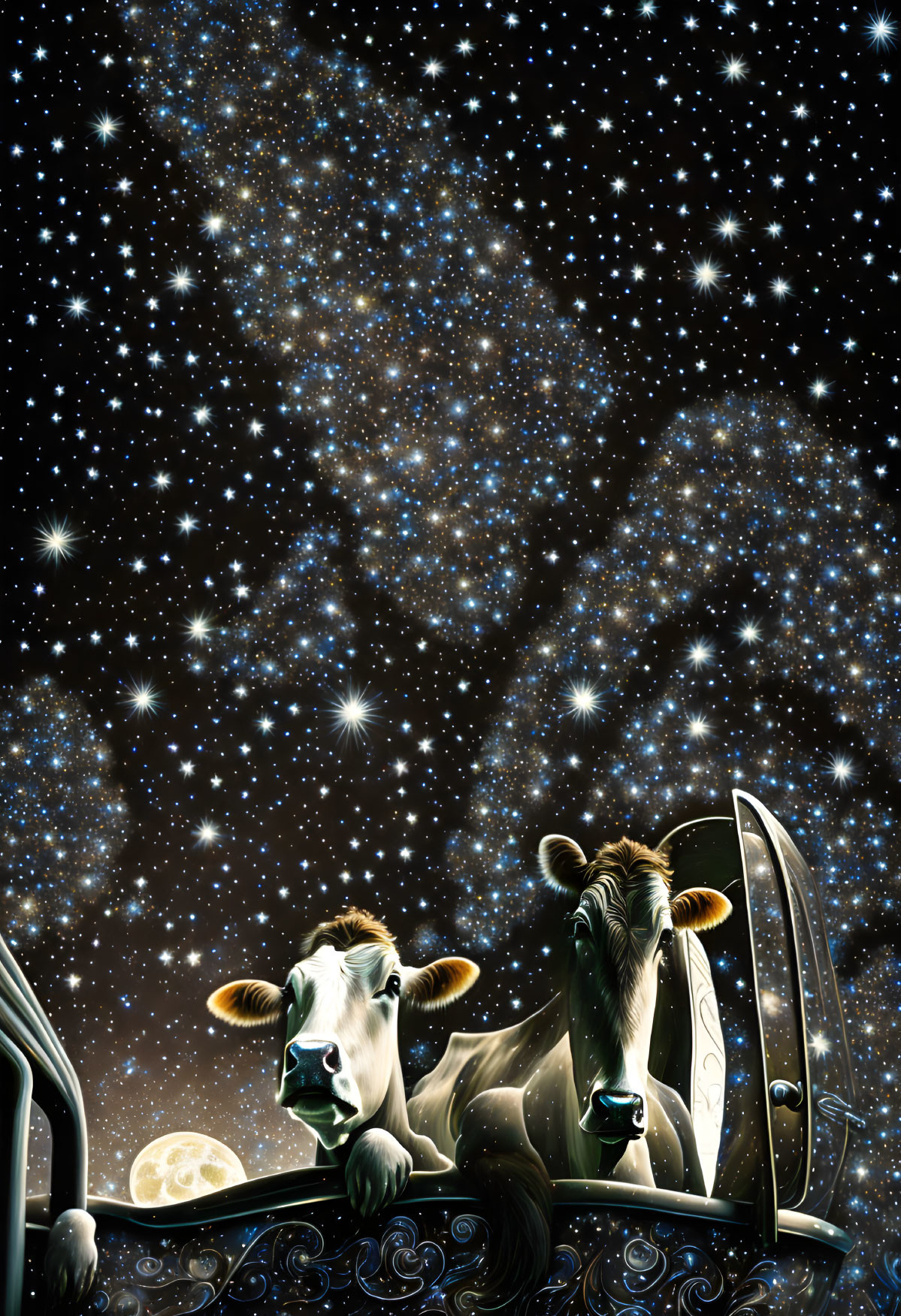 Whimsical cows in vintage car under starry sky with crescent moon