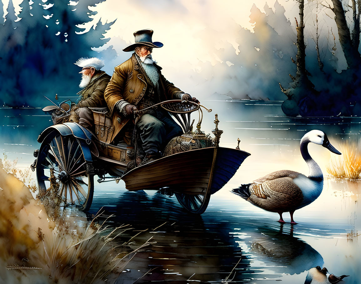 Old man driving goose with handle, by