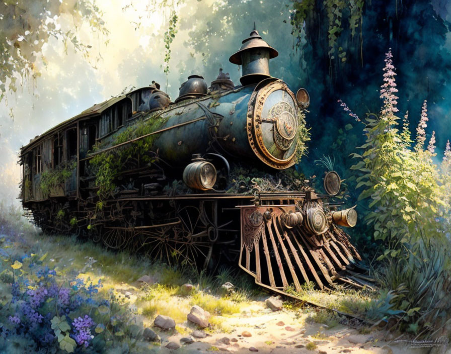 Vintage steam locomotive in lush forest setting with vibrant flora.
