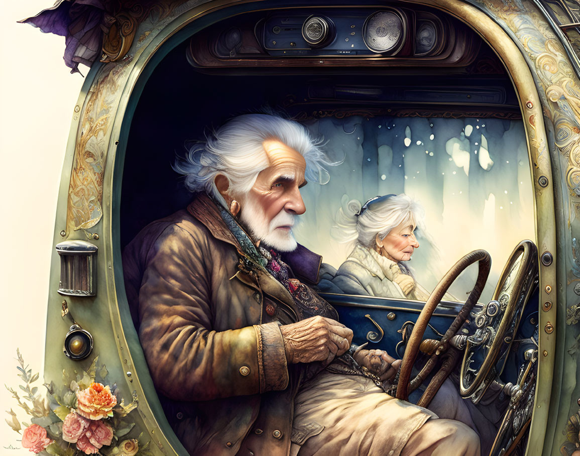 Old man and old woman driving TV set with handle
