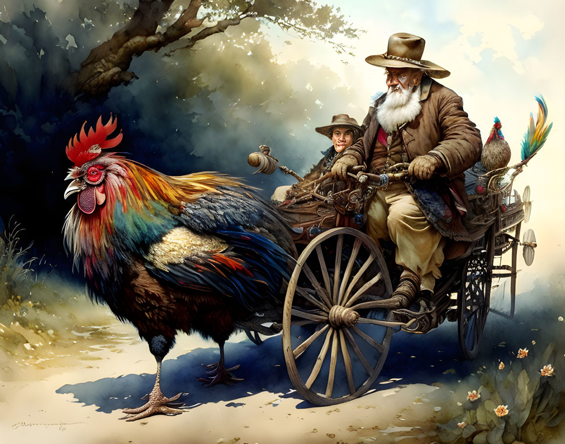 Old man and old woman driving two roosters with ha