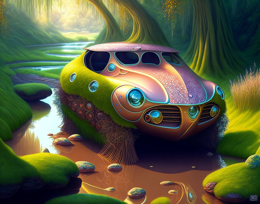 Fairy Car sitting on the Creek in the fields, rock