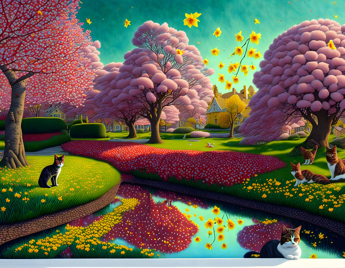 Red cherry tree with Daffodil Flowers, cats. extre
