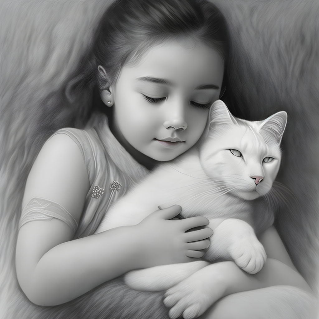 Cute little girl with her white cat, graphite draw