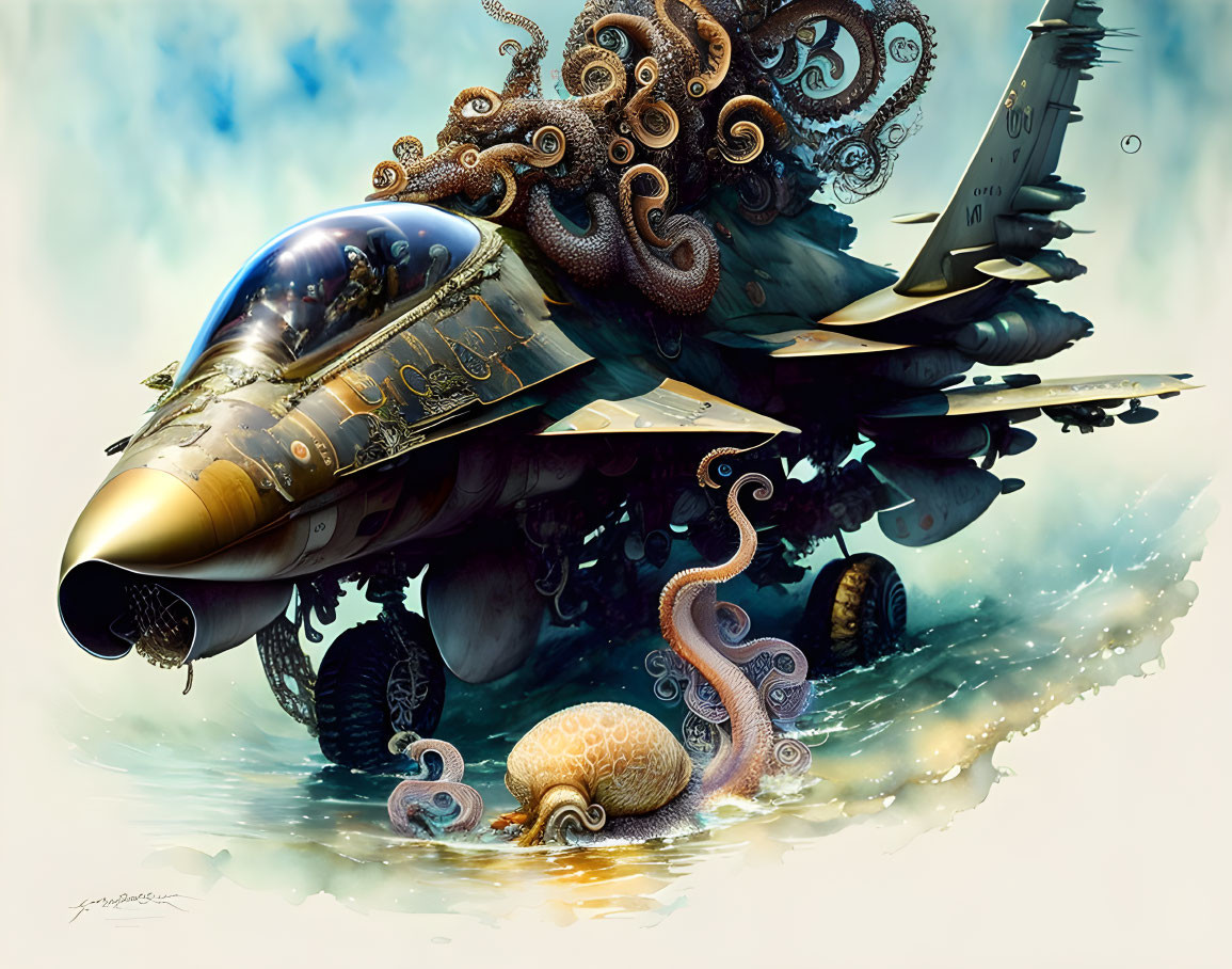 octopus driving F-16 with handle