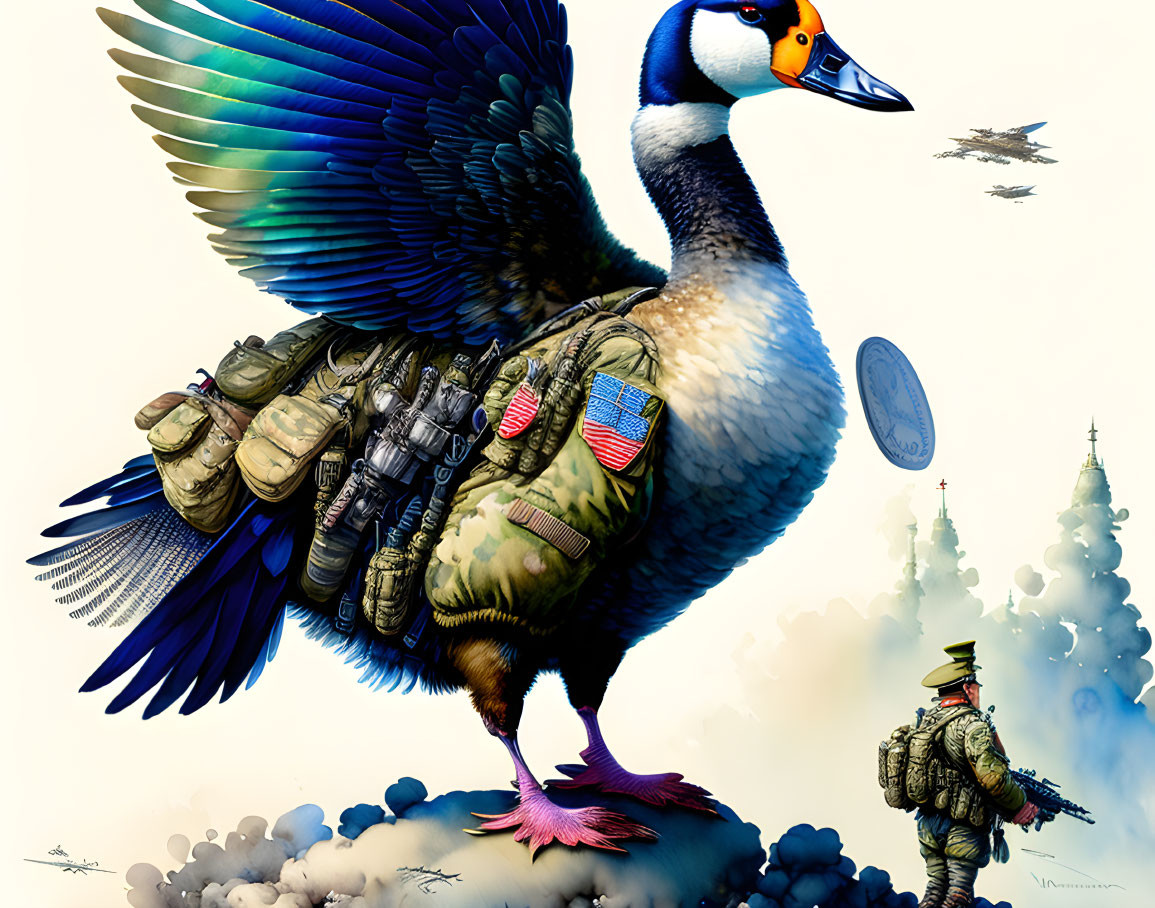 humanoid goose in military uniform flies with a bo
