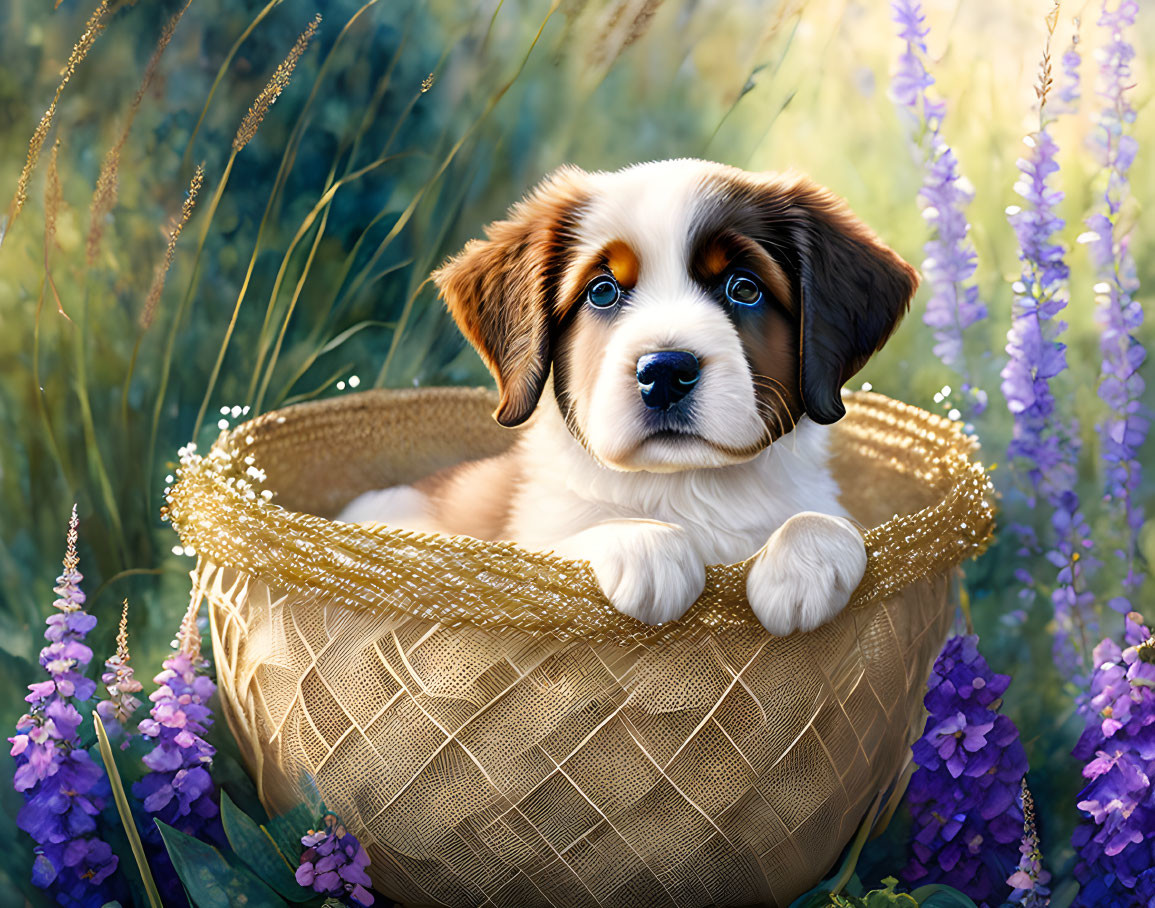 Tricolor puppy in wicker basket with purple flowers and sunlight