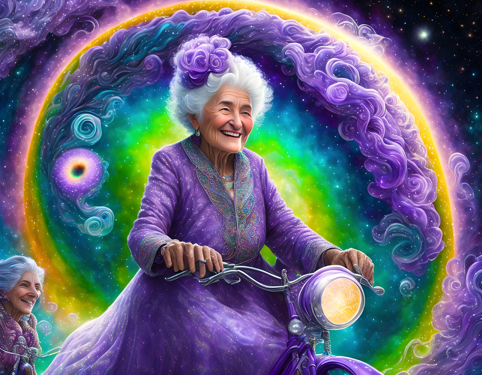 Old happy woman rides a bike in cosmos, A old gray