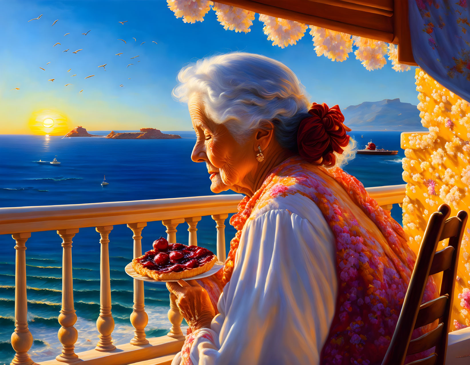 Elderly lady with white hair and shawl admires sunset over ocean with dish of red fruits