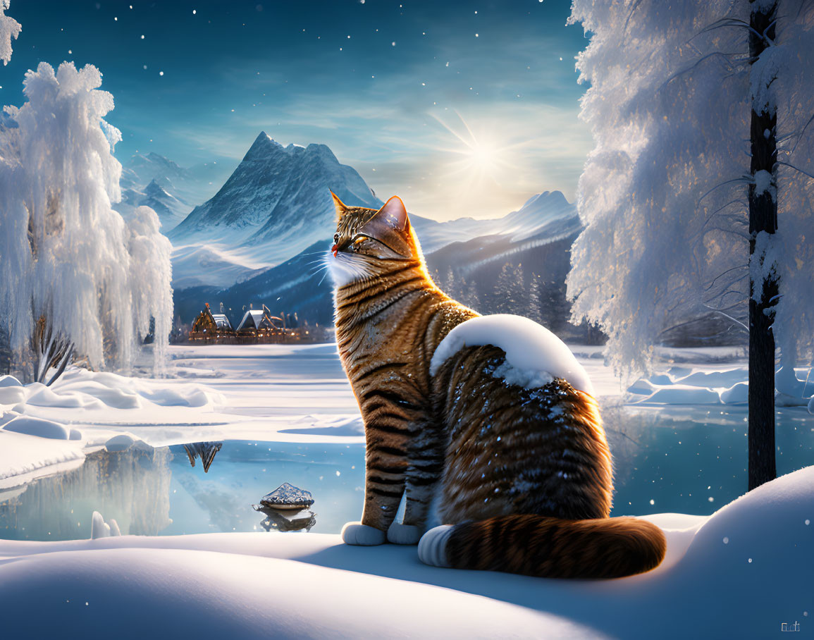 Tabby Cat in Snowy Winter Scene by Frozen Lake