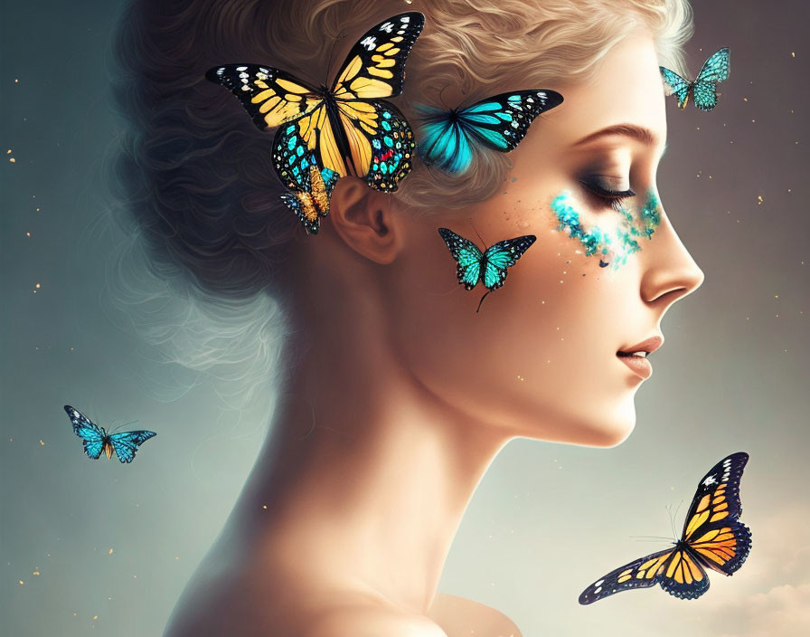 Profile view of woman with butterflies and glittering makeup on soft blue background
