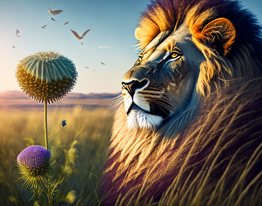 Majestic lion with flowing mane in serene savannah landscape