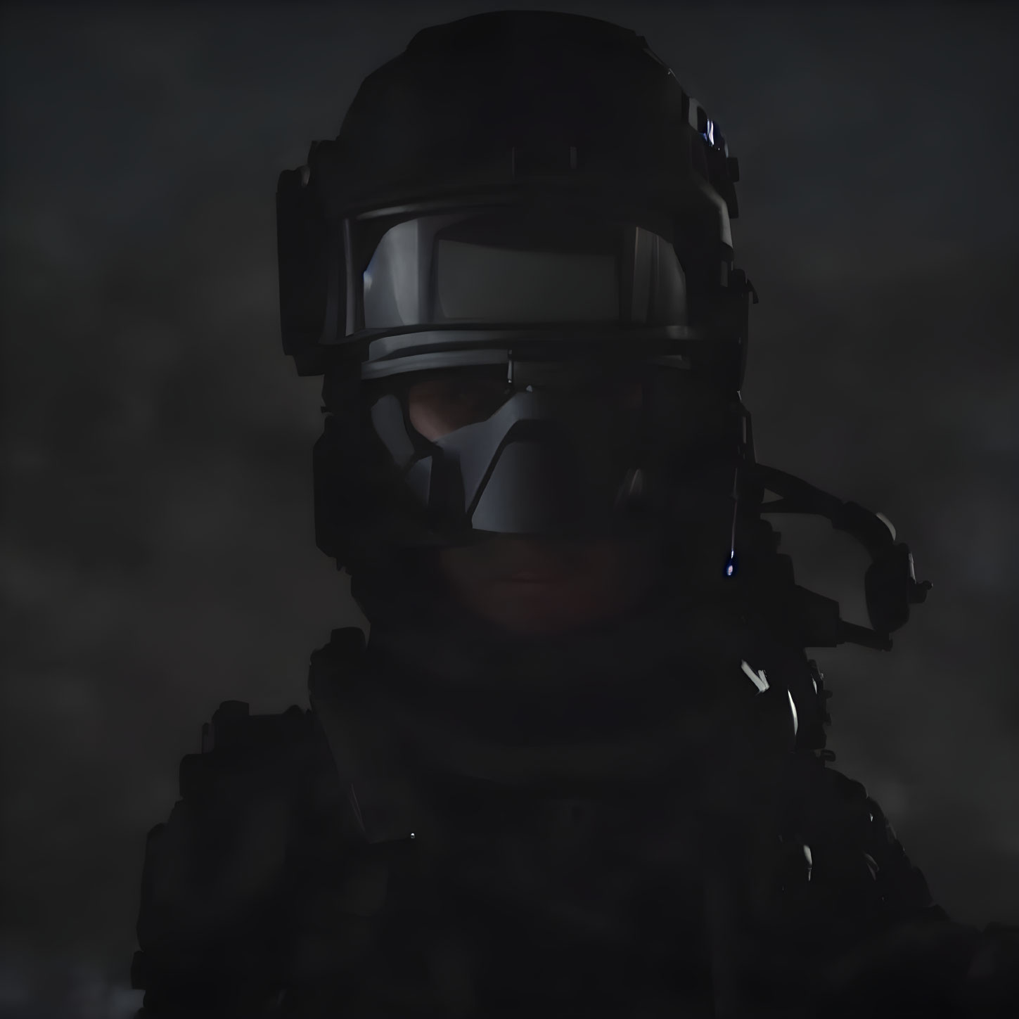 Shadowy Figure in Tactical Gear with Helmet and Visor Against Dark Background