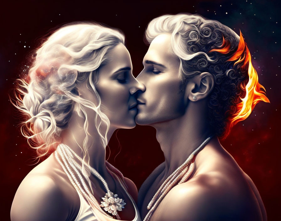 Digital artwork: Man and woman in fire and ice themes, intimate moment.