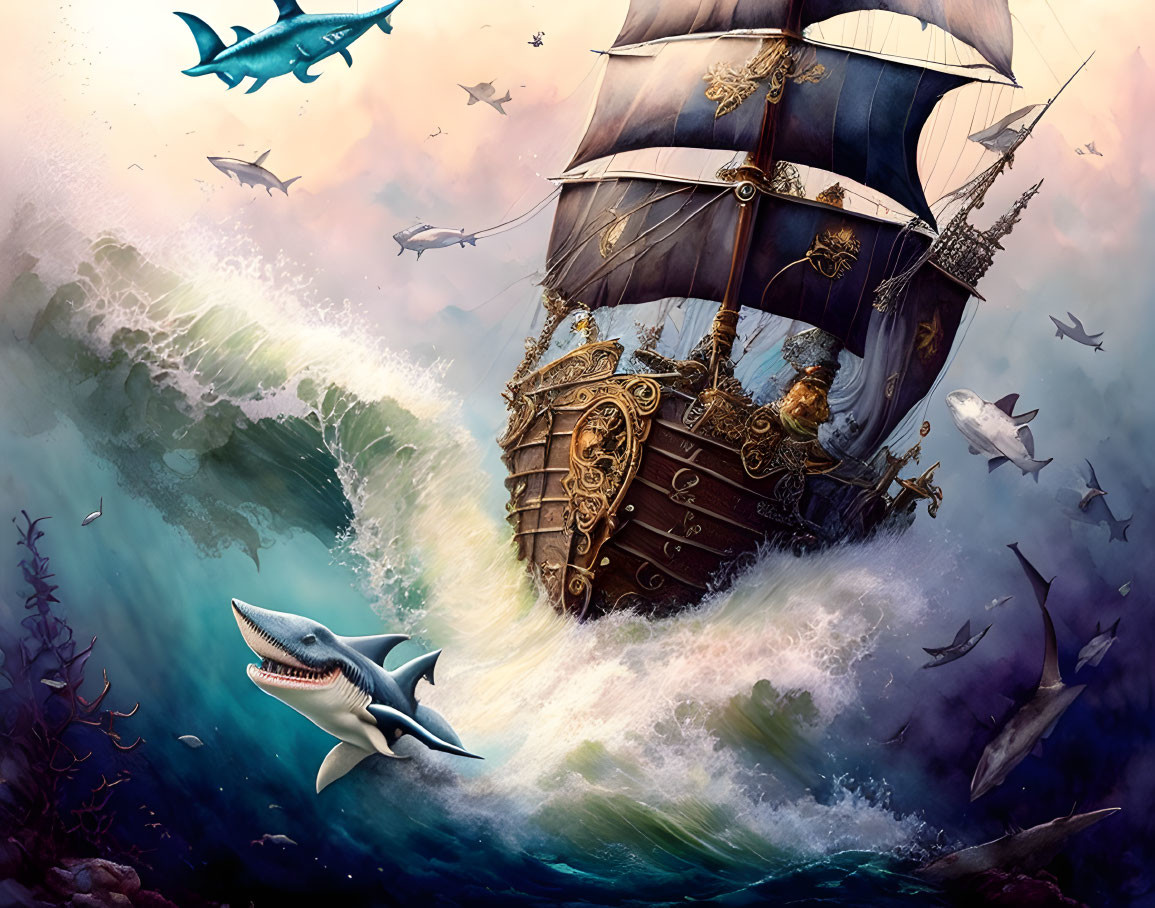 Ornate sailing ship on tumultuous seas with sharks and fish in whimsical underwater scene