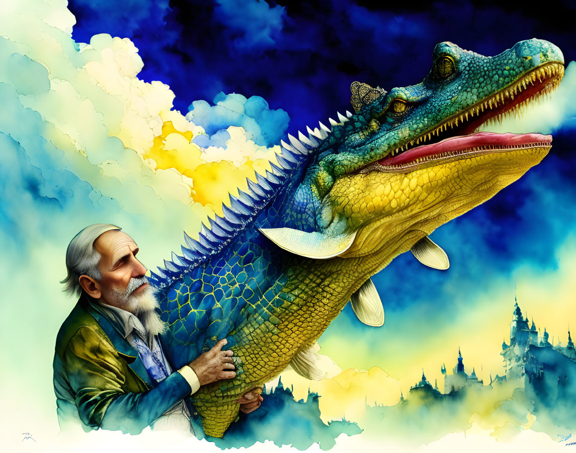 An old man driving a blue-yellow crocodile flying 