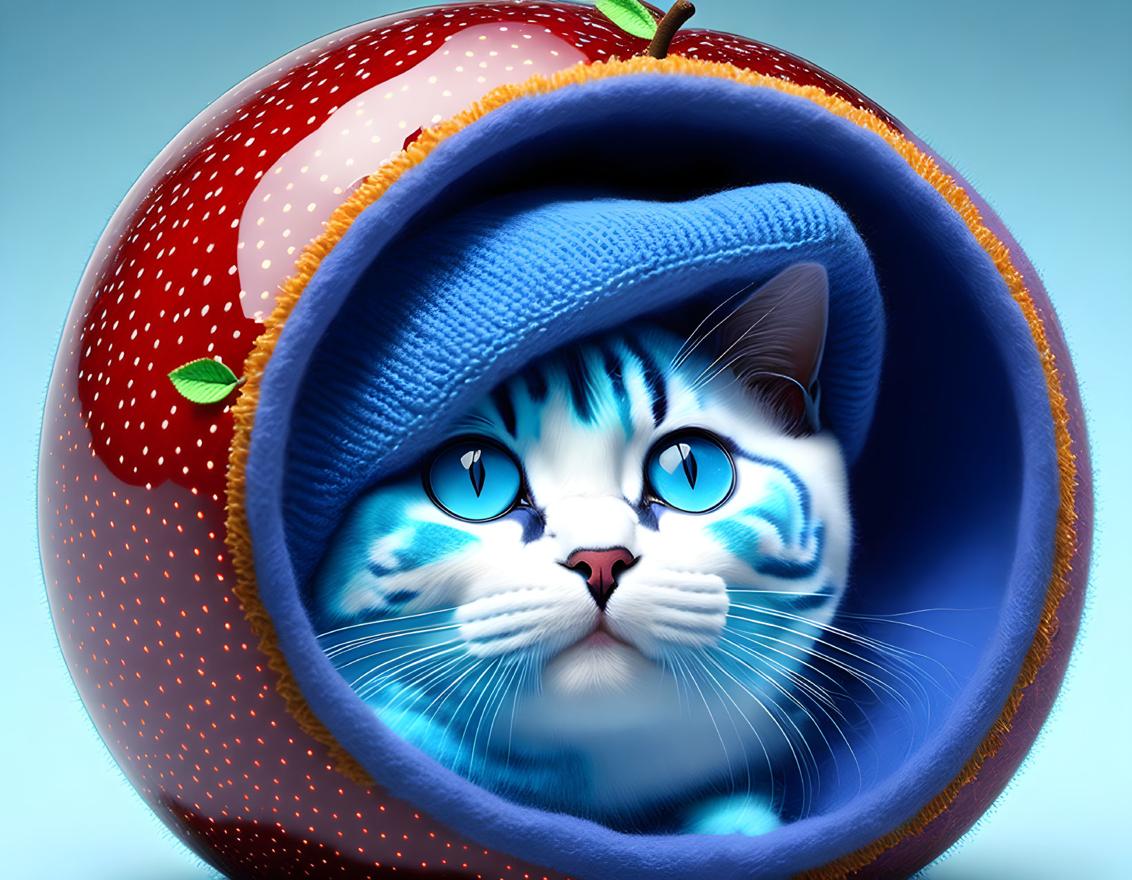 a cute kitty trapped in a apple sphere , blue tone