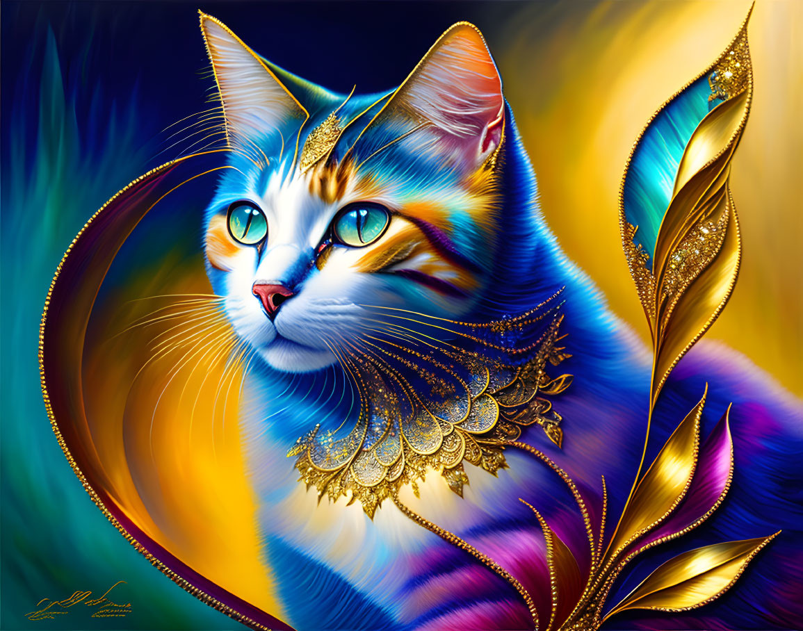 Colorful Digital Artwork of Cat with Blue Eyes and Golden Filigree