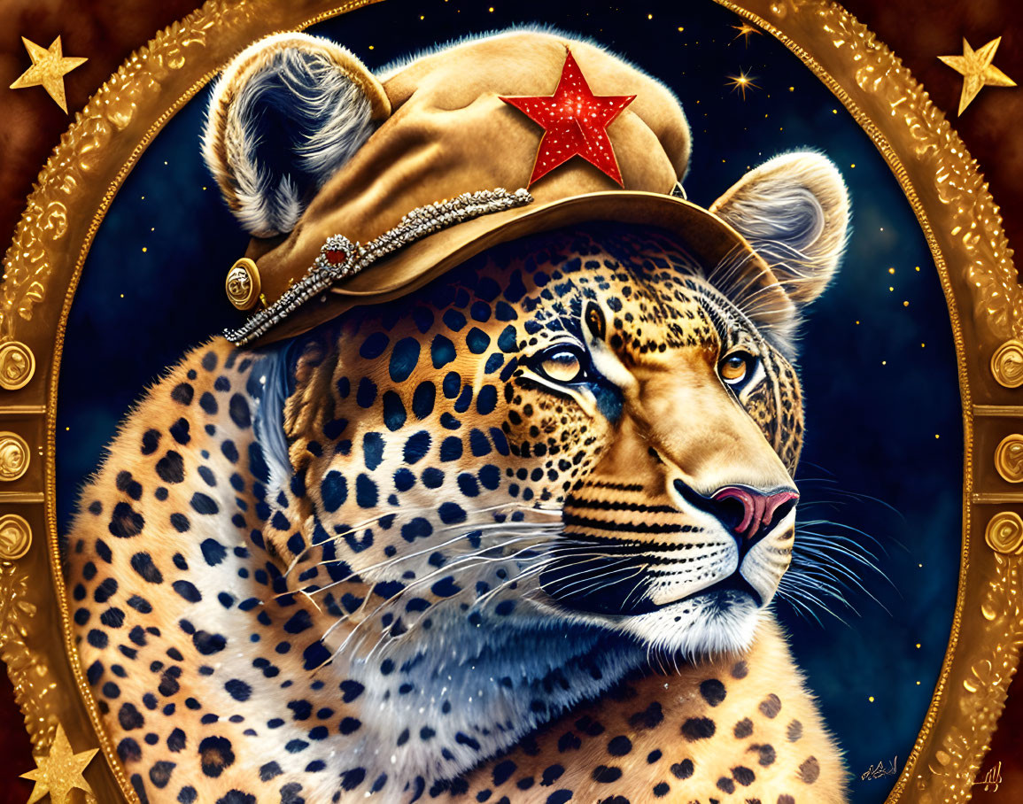 leopard riding a bear in a cap with earflaps and a