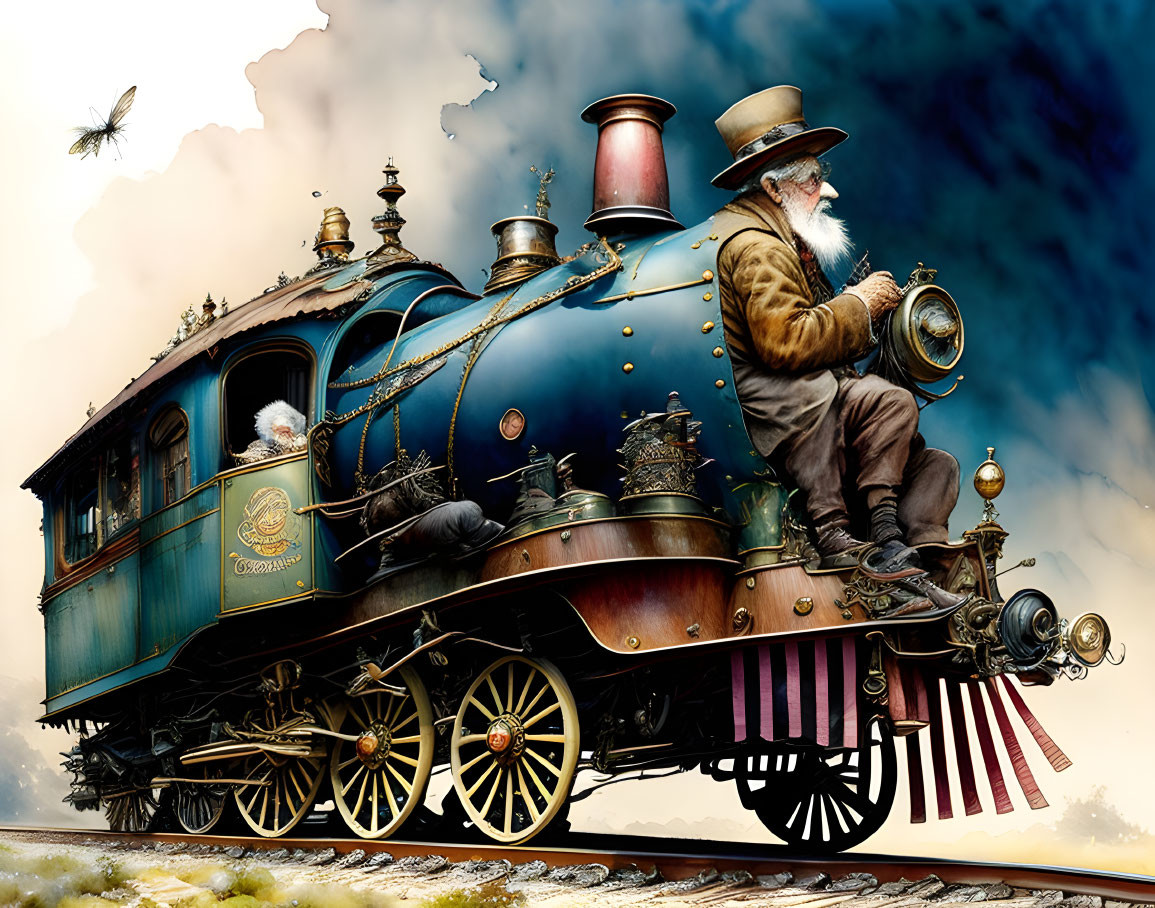 Elderly man on blue-gold steam train with dragonfly in whimsical illustration