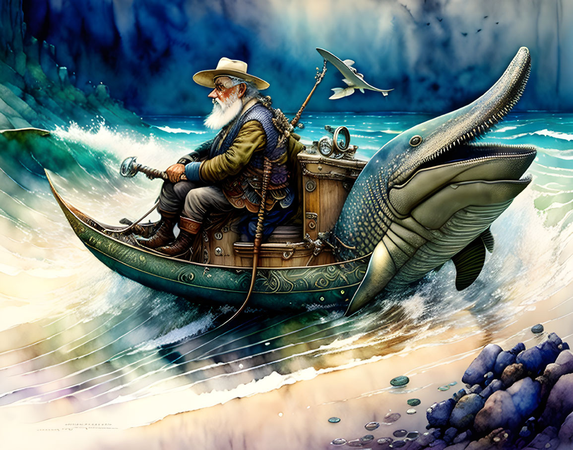 Old man driving ichthyosaur with handle,