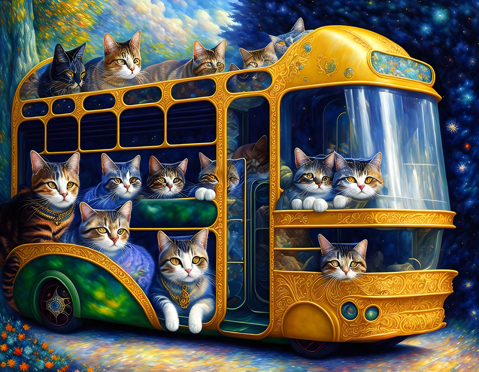 shuttle bus with boy cats inside. Patchwork by Ren