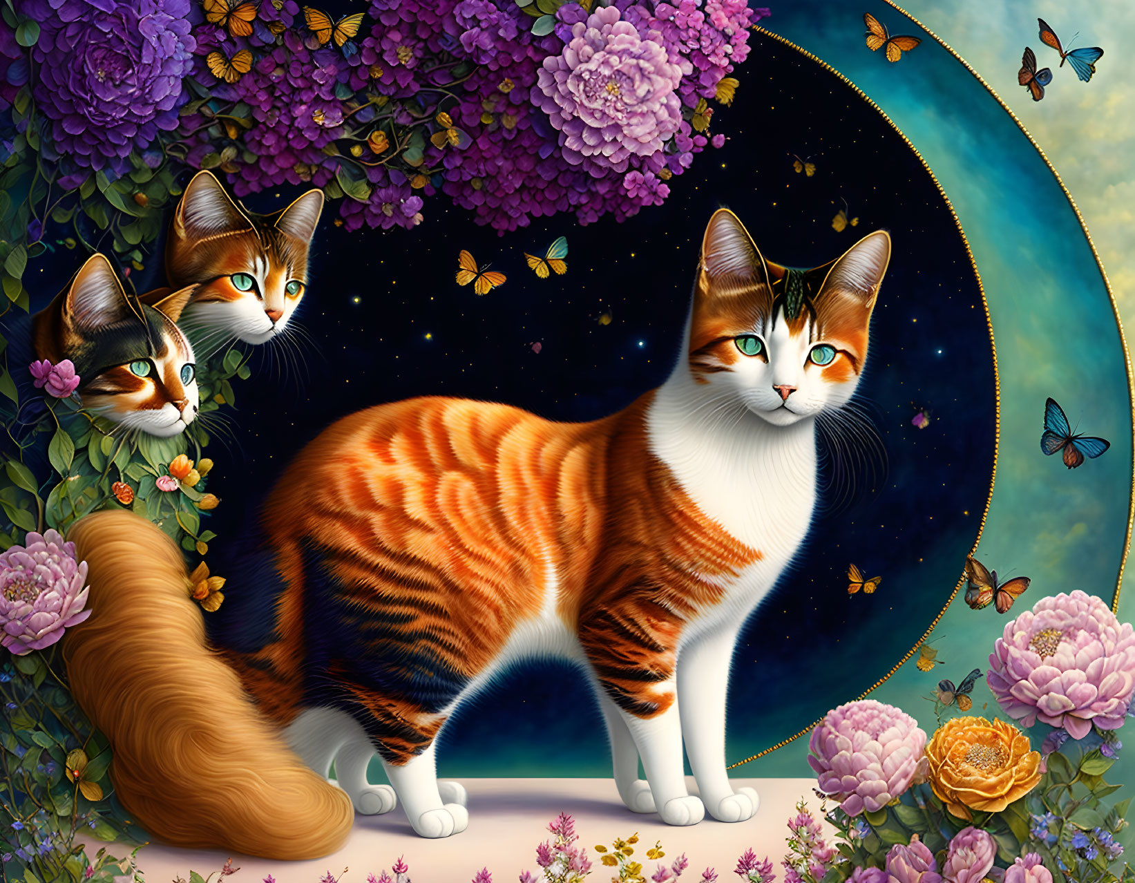 A beautiful spring landscape, cats , in the style 