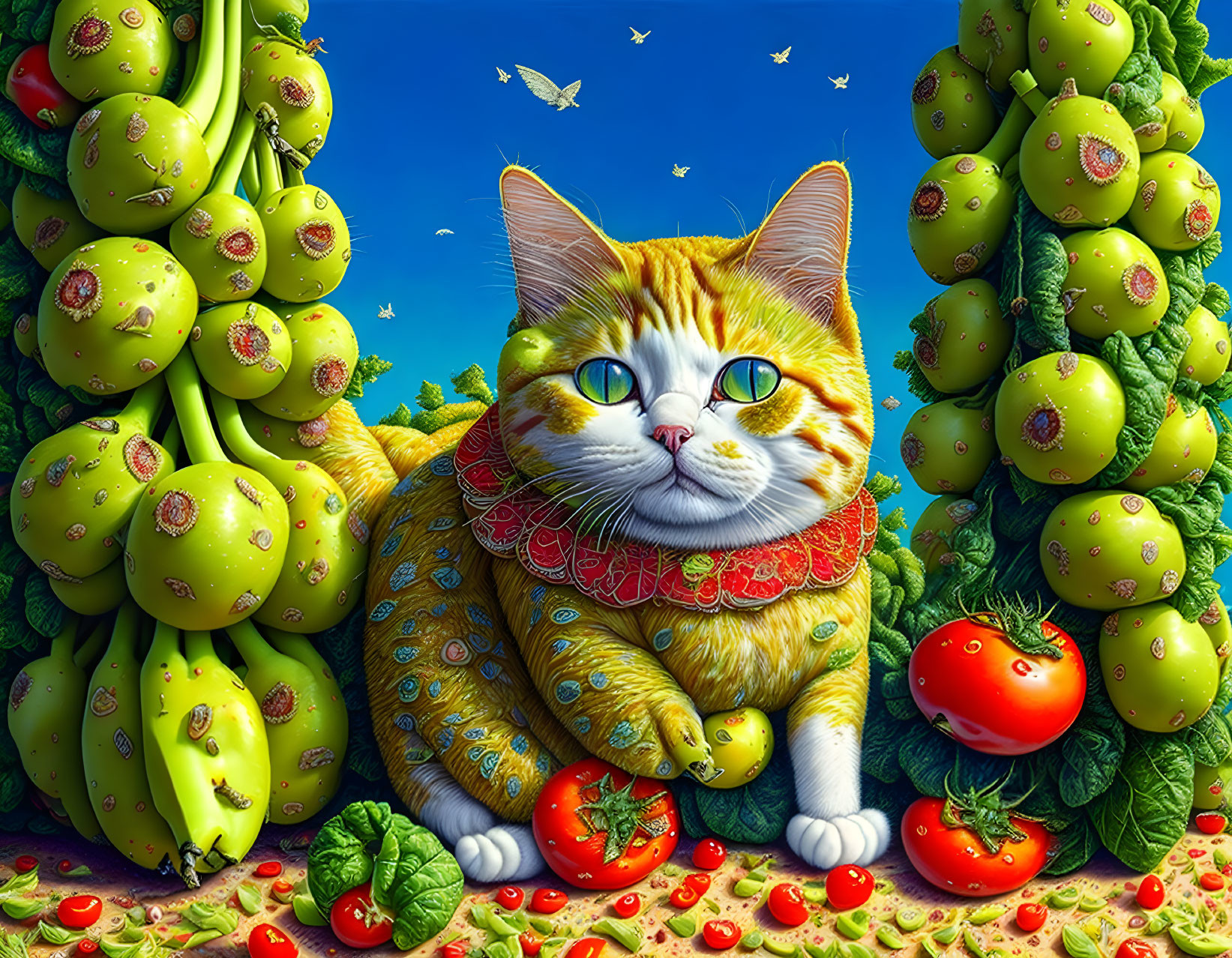 banana cat, tomato cat, lettuce cat, extreme detai