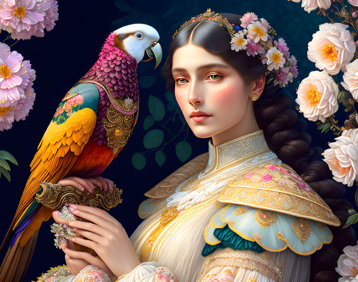 A beautiful victorian woman with a white parrot si