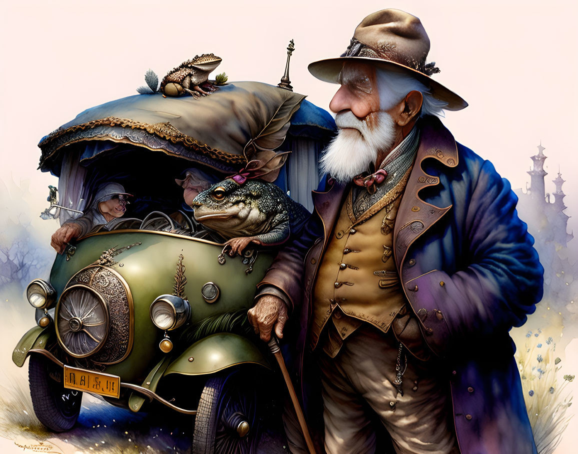 Old man and old woman driving Toad with handle,