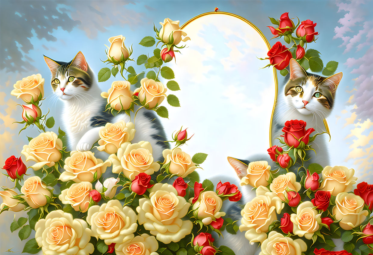   "Cats, Roses in a beautiful arrangement Thomas K