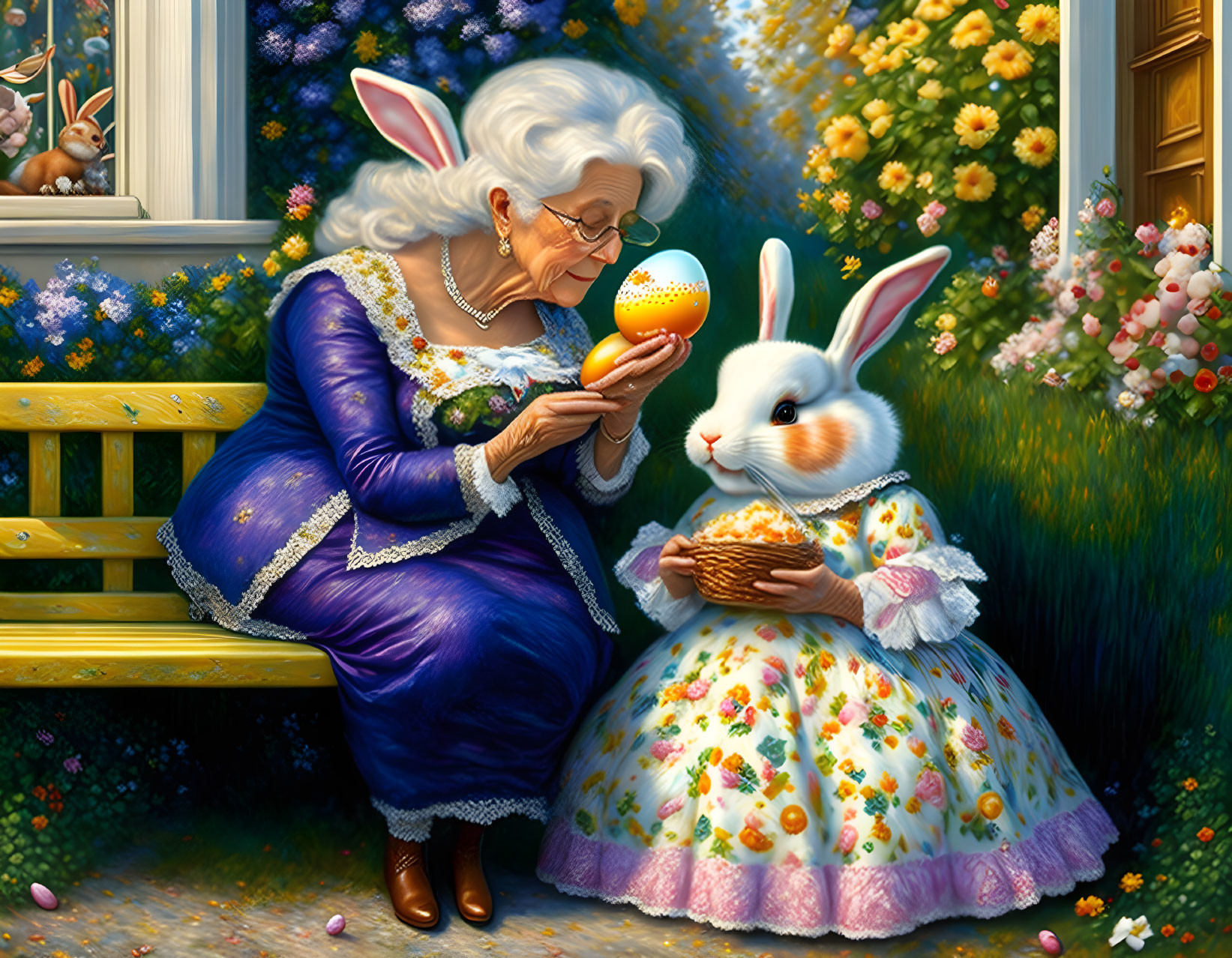 Grandmother feeds the Easter Bunny with a fried eg