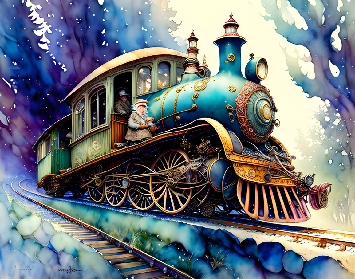 Vintage Train Illustration with Ornate Details and Conductor on Colorful Background